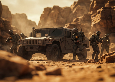 Military Humvee and Soldiers in Desert