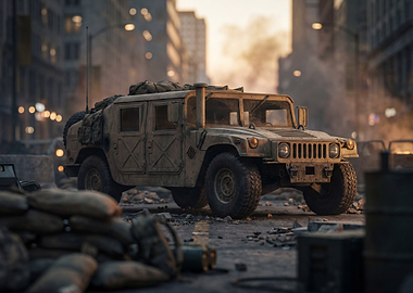 Humvee in a war-torn city