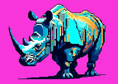 Neon Pixel Art Rhino