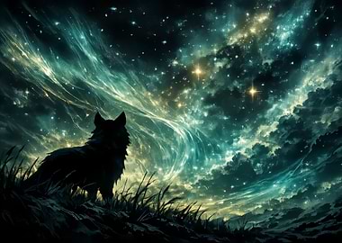 Wolf Silhouette Under Starry Sky