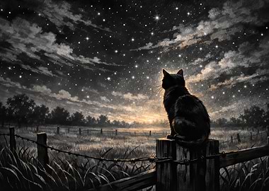 Black Cat Under Starry Night Sky