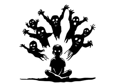 Boy surrounded by dark ghosts