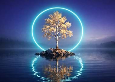 Neon Circle Tree Island Reflection