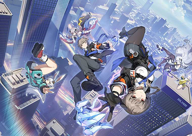 Anime characters in a cityscape scene