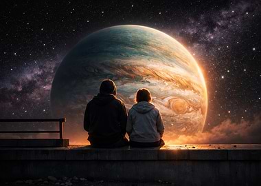 Two figures gazing at Jupiter