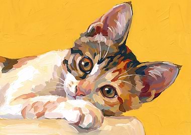 Calico Cat Portrait on Yellow Background