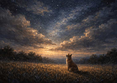 Fox under starry night sky painting