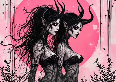 Twin Demon Girls with Pink Moon