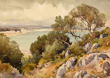 Watercolor Landscape with Bay View