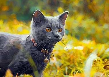 Gray Cat with Bell Collar Painting