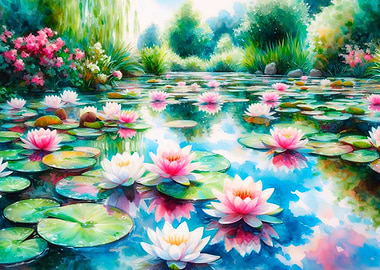 Watercolor Lily Pond with Pink Flowers
