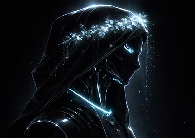 Ethereal Hooded Figure with Glowing Accents