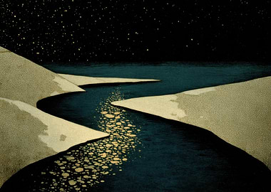 Night River Landscape with Starry Sky