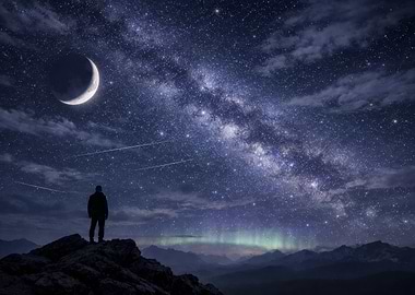 Man under starry night with moon