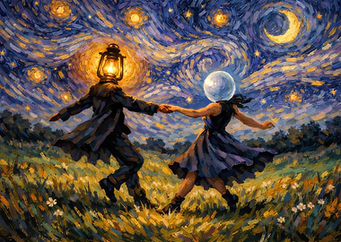 Starry Night Dance with Moon and Lantern