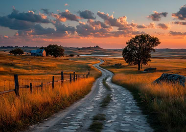 Peaceful Countryside Road at Sunset