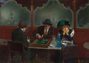 Backgammon Game in a Cafe Painting