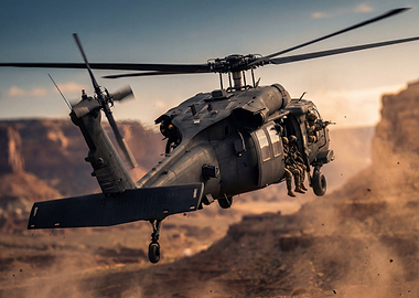 Military Helicopter in Flight over Desert