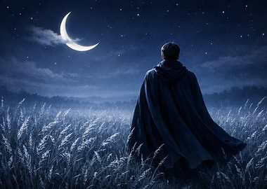 Man in Cloak Under Crescent Moon