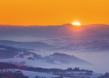 Sunrise over misty mountain landscape, Poland