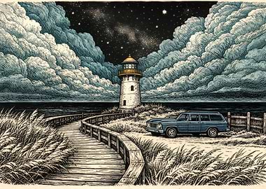 Lighthouse, Car, and Cloudy Night