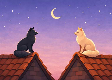 Wolves on Rooftops Under Crescent Moon