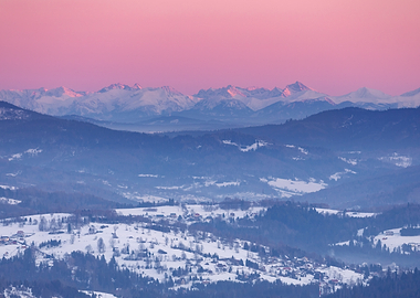 Winter Mountain Landscape at Sunset, Poland