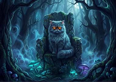 Cat on Throne in Enchanted Forest