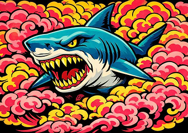 Aggressive Shark in Colorful Cloud