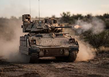 Military Tank Firing in Desert Landscape