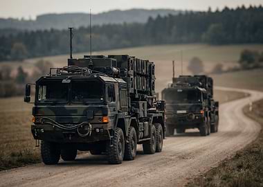 Military trucks convoy on a dirt road