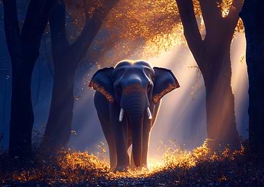 Elephant in Forest with Golden Light