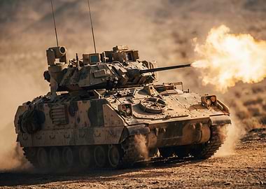 Military Tank Firing in Desert Landscape