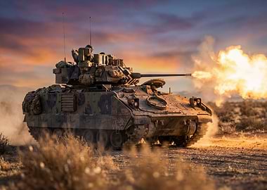 Tank firing in desert landscape