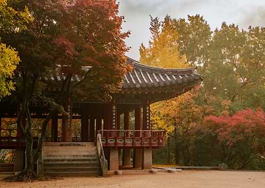 Korean Pavilion in Autumn Landscape