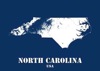 North Carolina USA State Minimalist White Topographic Contour Map featuring terrain on navy blue background