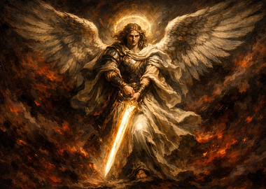 Angel Warrior with Sword in Fiery Realm