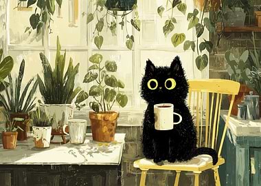 Morning Ritual – Black Cat with a Cup