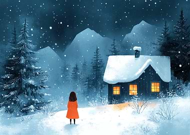 Winter Cabin Scene with Girl