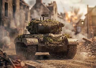 Camouflaged Tank in War-Torn City