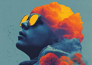 Contemplative Portrait with Cloud and Tree Overlay