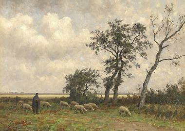 Shepherd and Sheep in a Field Painting