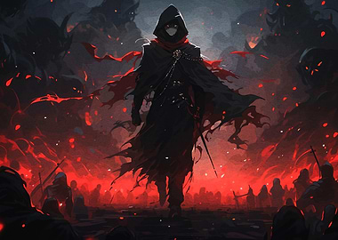 Dark hooded figure in a fiery landscape