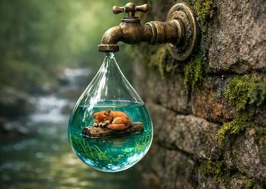 Fox Sleeping in Water Drop