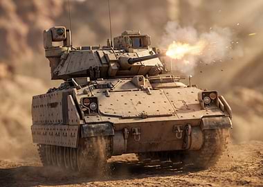 Military Tank Firing in Desert Landscape