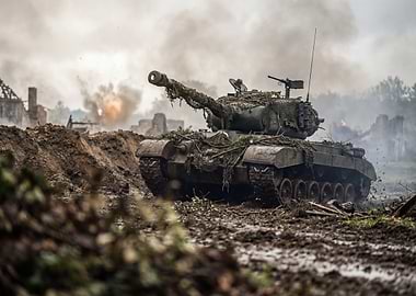 Camouflaged Tank in War Zone