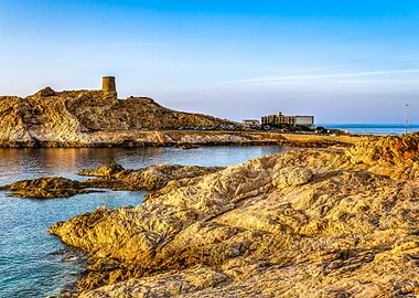 Golden Light Genoese Tower Rocky Coastline Ile Rousse Corsica Fine Art Photograph