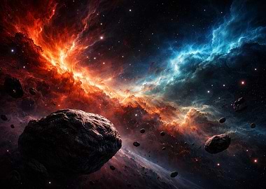 Nebula and Asteroids in Deep Space