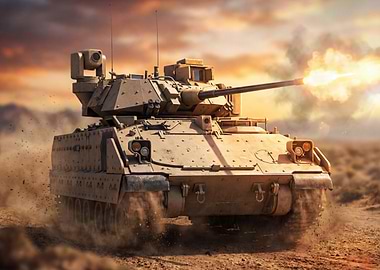 Tank firing in desert landscape