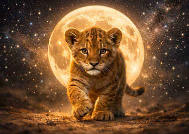Lion Cub Under the Moonlight